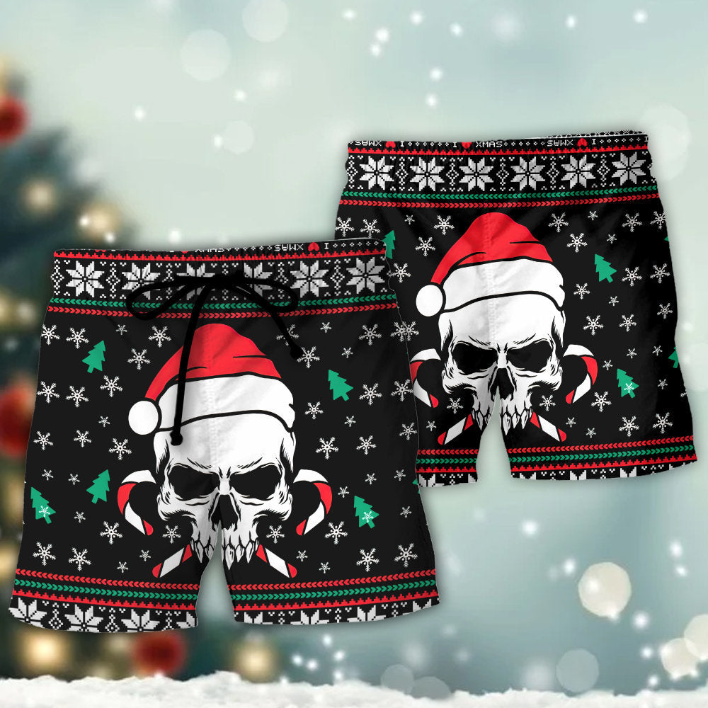 Christmas Skull Santa Hat Candy Beach Shorts Artwork Detail For Tropical Travel And Everyday Wear