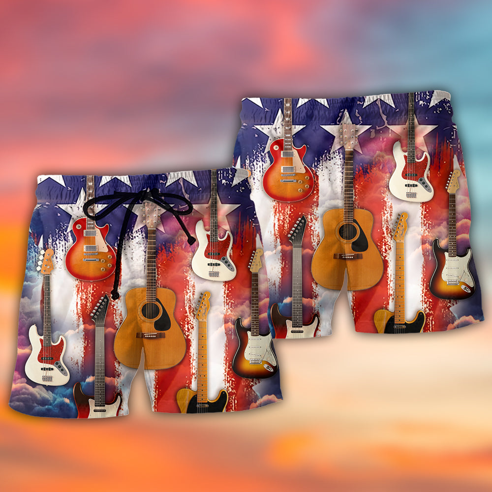 Guitar USA Star Independence Day Beach Shorts Print Detail For Beach Activities And Vacation Wear