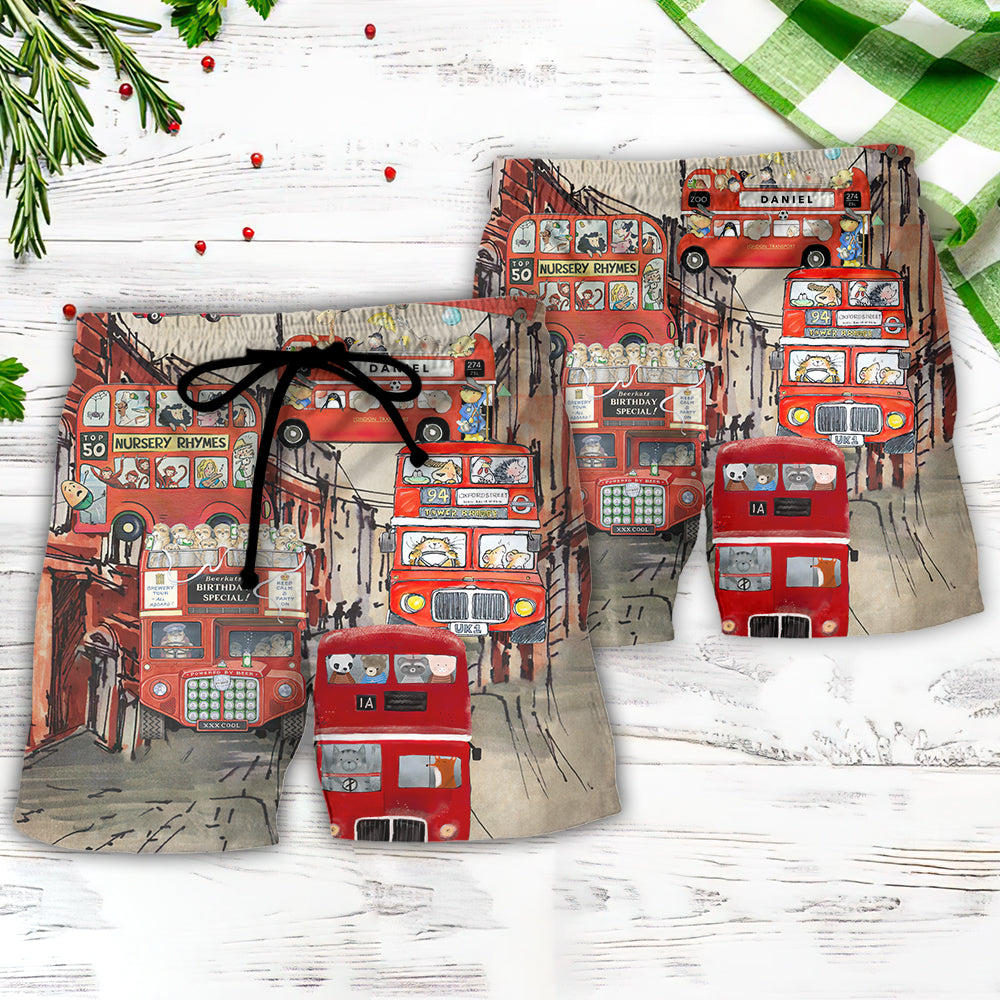 Red Bus Beach Shorts Pattern Detail For Summer Travel And Bright Seasonal Outfits