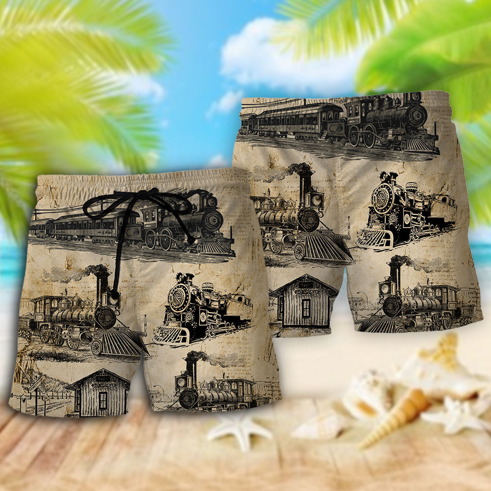 Vintage Train Sketch Beach Shorts Artwork View For Seaside Trips And Casual Style