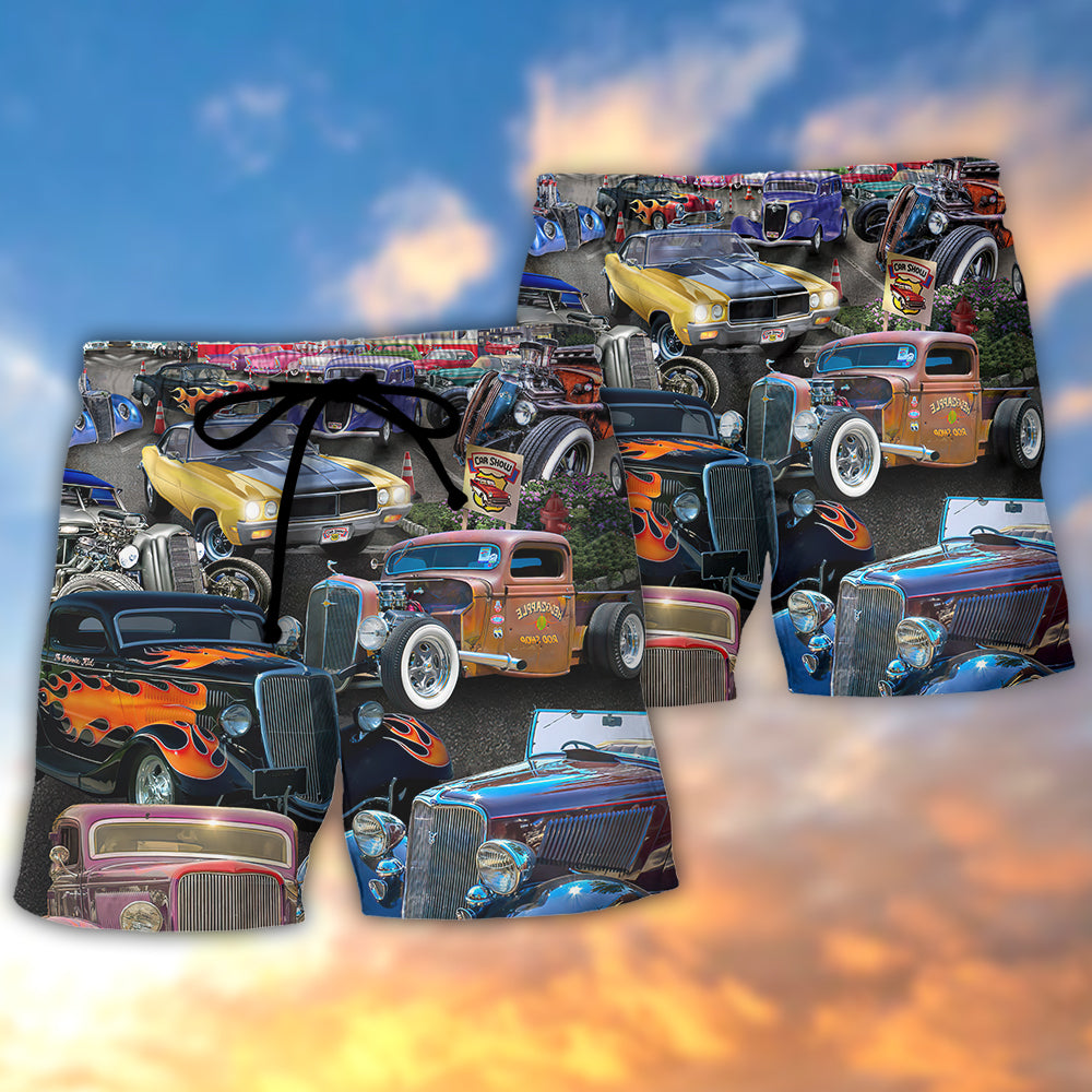 Hot Rod Diner Classic Car Show Beach Shorts Pattern Detail For Sunny Outdoor Activities