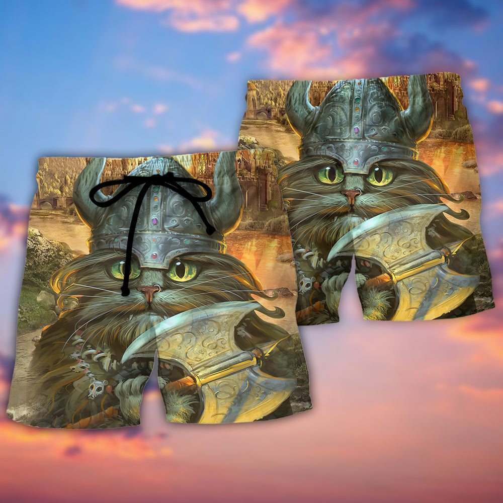 Viking Cat Warrior Purr And Pillage Beach Shorts For Summer Vacation And Coastal Travel