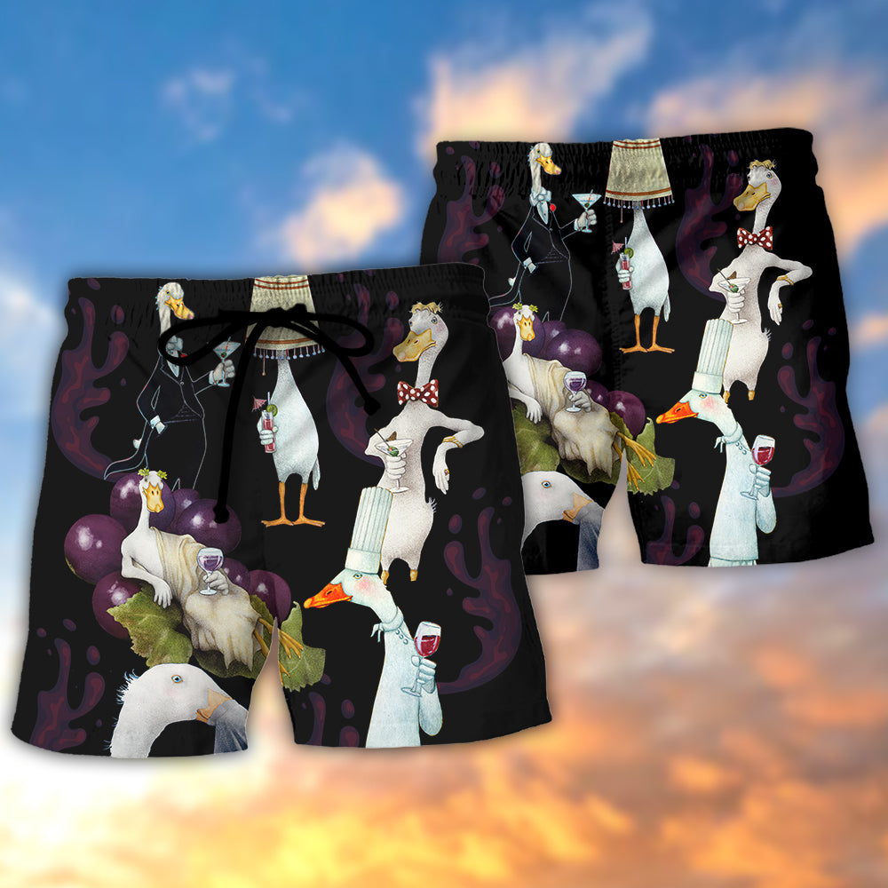 Funny Cocktail Duck Humor Beach Shorts Artwork Detail For Comfortable Everyday Summer Wear