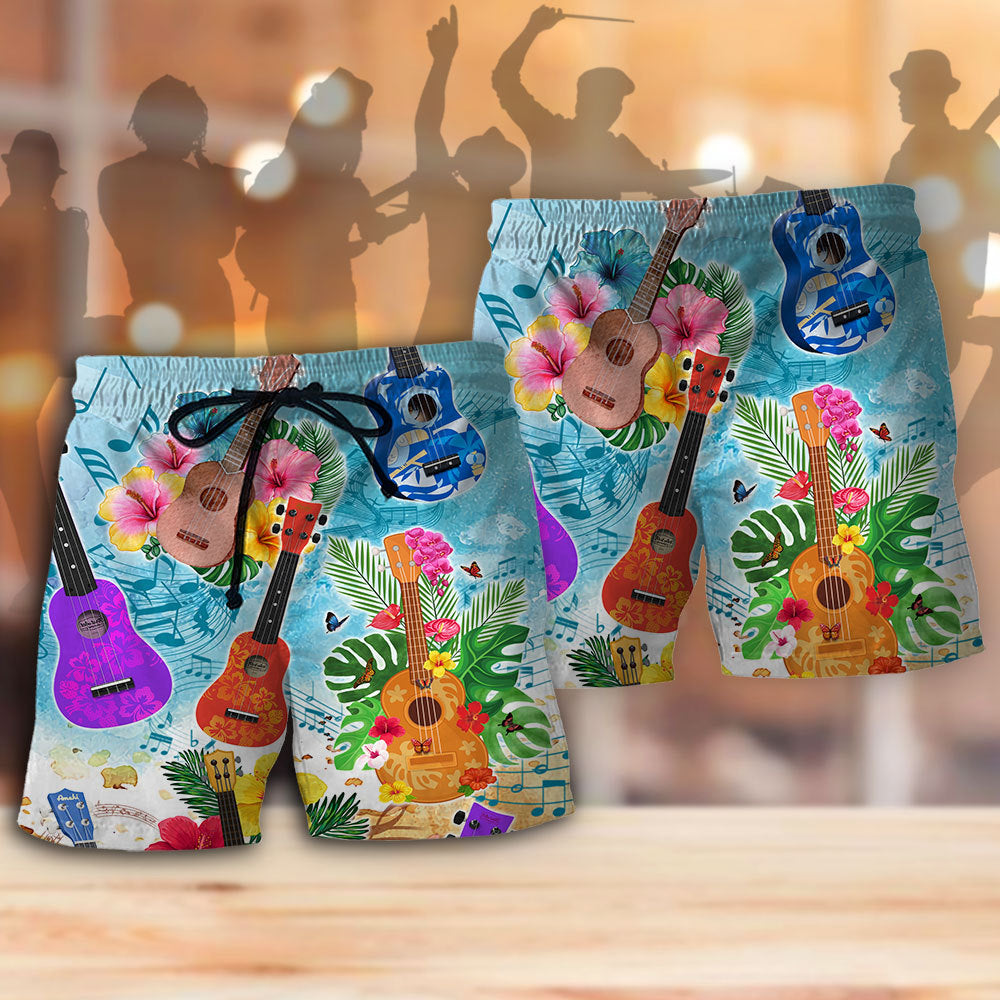 Tropical Hawaii Guitar Beach Shorts Pattern Detail For Relaxed Weekends And Easy Warm Weather Wear