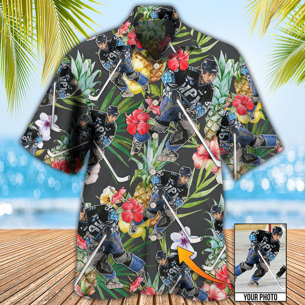 Tropical Floral Hockey Pineapple Custom Photo Hawaiian Shirt Artwork Detail For Resort Trips And Outdoor Activities