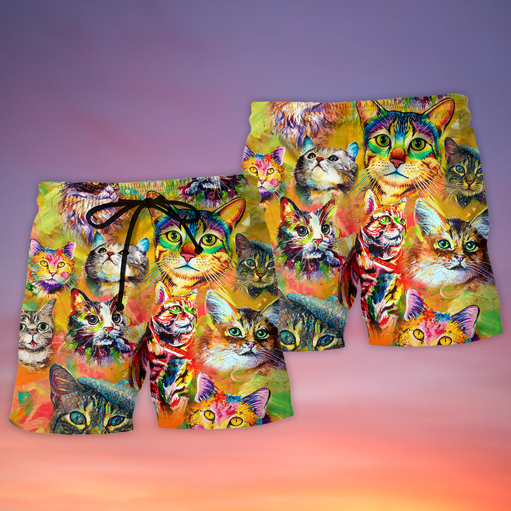 Colorful Funny Cat Lover Beach Shorts Pattern Detail For Relaxed Warm Weather Outfits