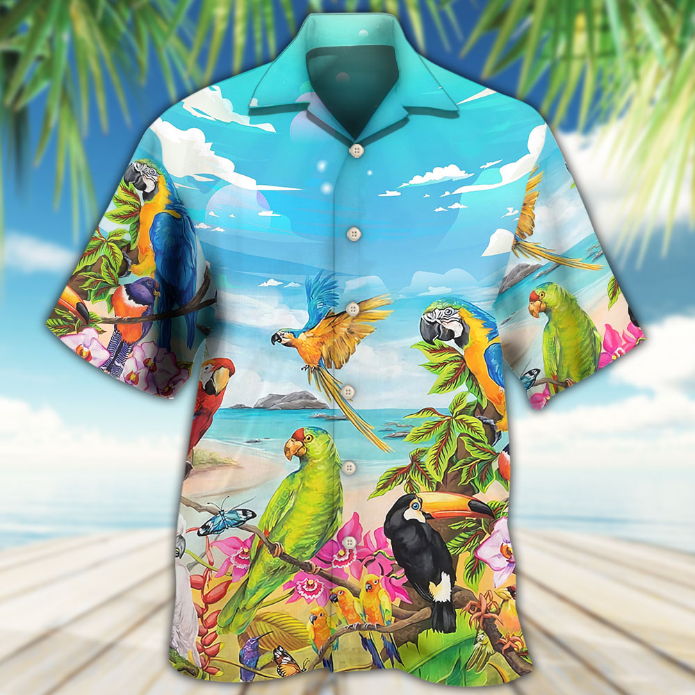 Tropical Parrot Beach Sky Hawaiian Shirt Resort Outfit View For Summer Travel