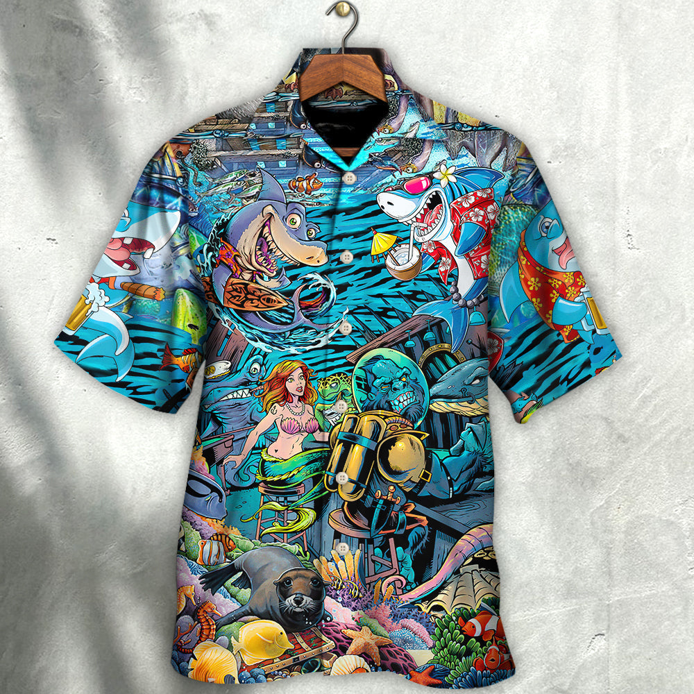 Shark Bar Animal Underwater Hawaiian Shirt Artwork View For Weekend Travel And Beach Style