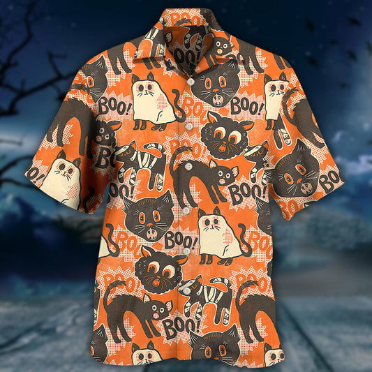 Halloween Cat Hawaiian Shirt Summer Design Detail For Casual Outings