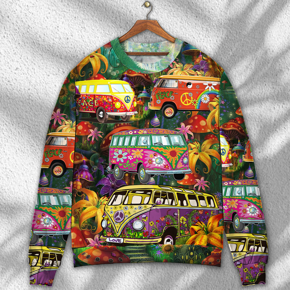 Hippie Bus Peace Colorful Sweater For Psychedelic Art Fans Outdoor Events And Distinctive Gifts