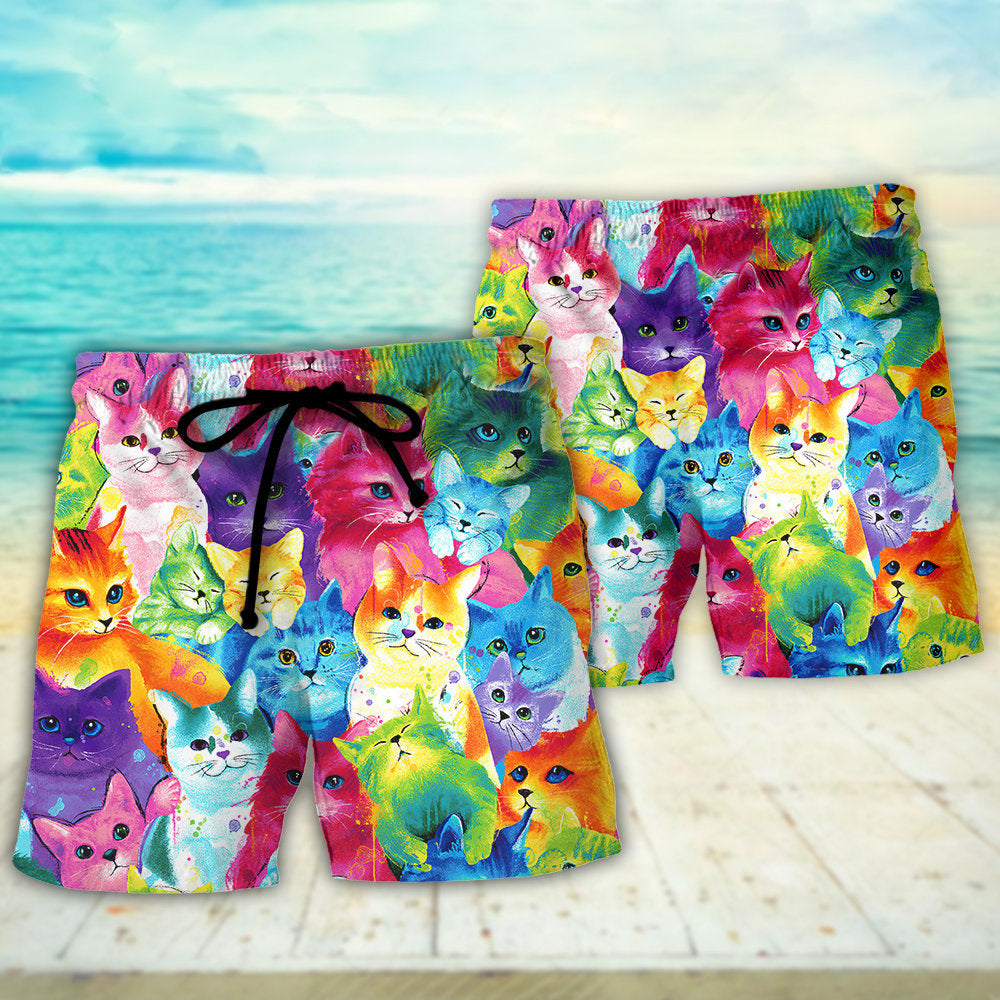 Colorful Cute Kitten Happy Life Beach Shorts For Warm Weather Travel And Everyday Comfort