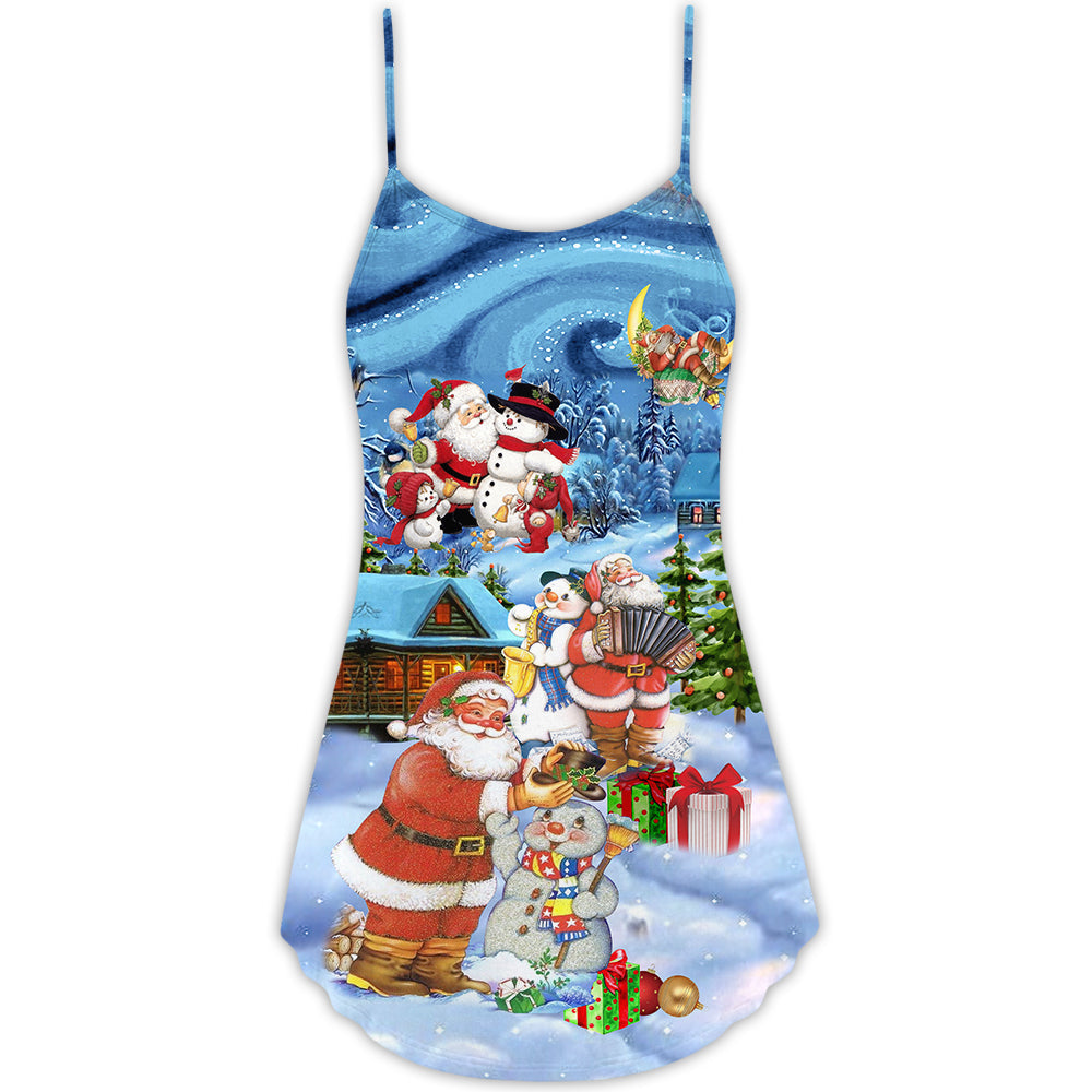 Christmas Santa And Snowman Friends V-Neck Sleeveless Cami Dress For Festive Events And Casual Summer Styling