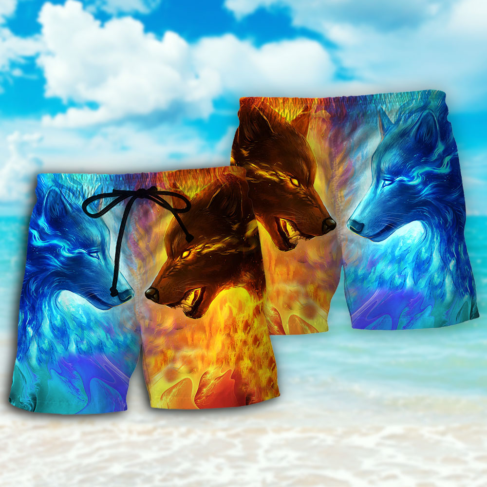 Wolf Couple Fire Fantasy Beach Shorts Artwork Detail For Tropical Travel And Everyday Wear