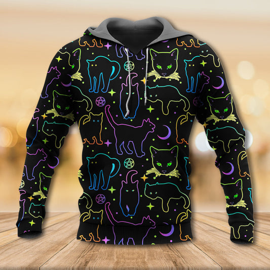 Neon Colorful Cat Playing Kitten Hoodie For Animal Enthusiasts Outdoor Activities And Daily Wear