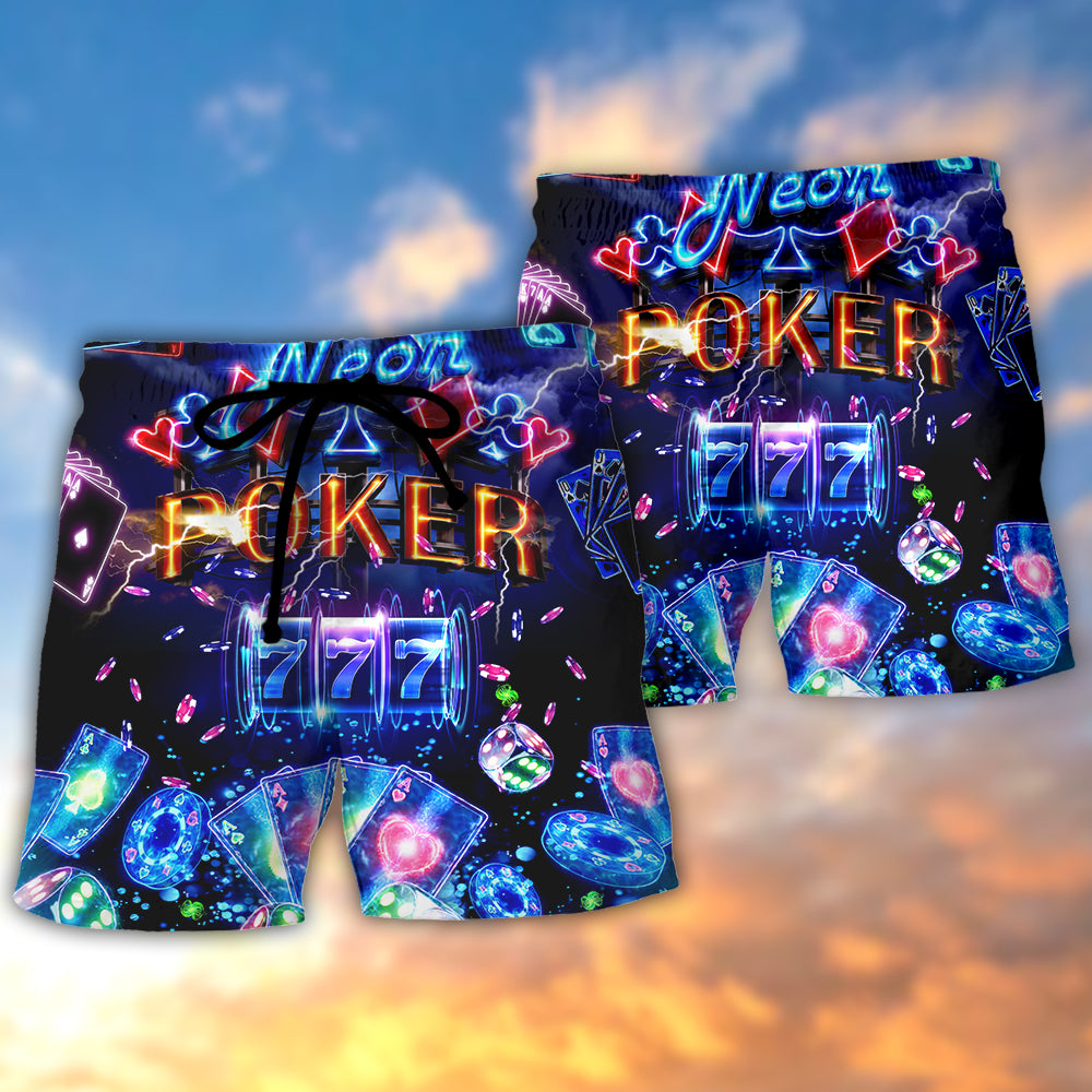 Neon Poker Casino Jackpot Beach Shorts Artwork Detail For Comfortable Everyday Summer Wear