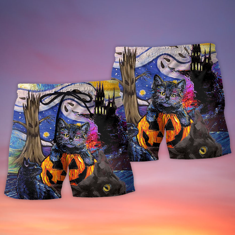 Halloween Black Cat Starry Night Beach Shorts For Sunny Holidays And Comfortable Daily Styling