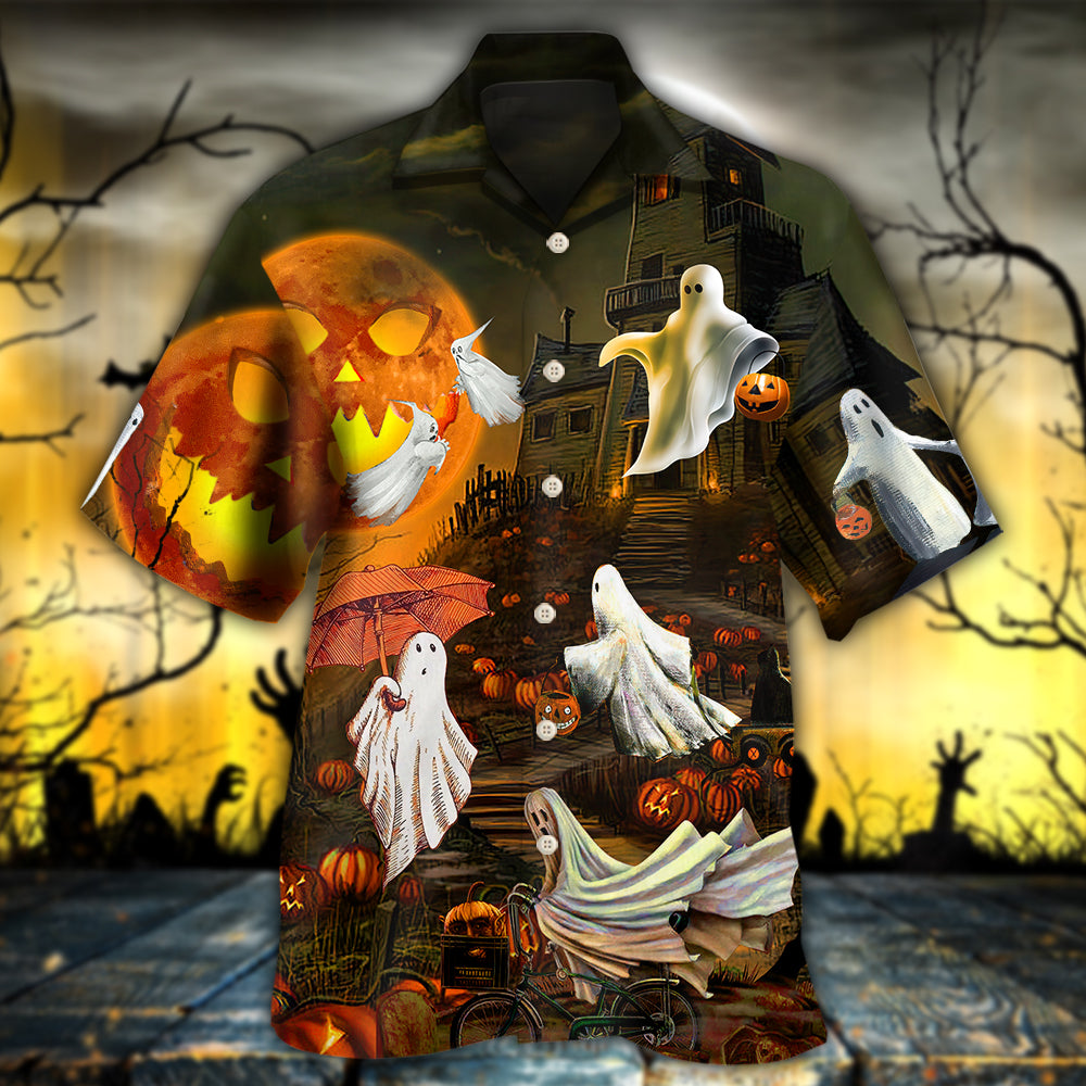 Cute Halloween Ghost Moon Hawaiian Shirt Design Detail For Beach Days And Holiday Travel
