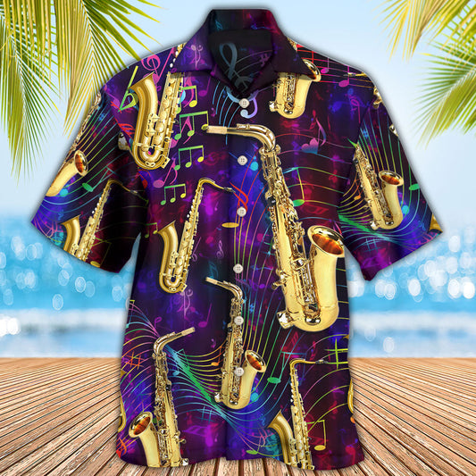 Neon Saxophone Music Jazz Hawaiian Shirt Summer Design Detail For Tropical Vacations