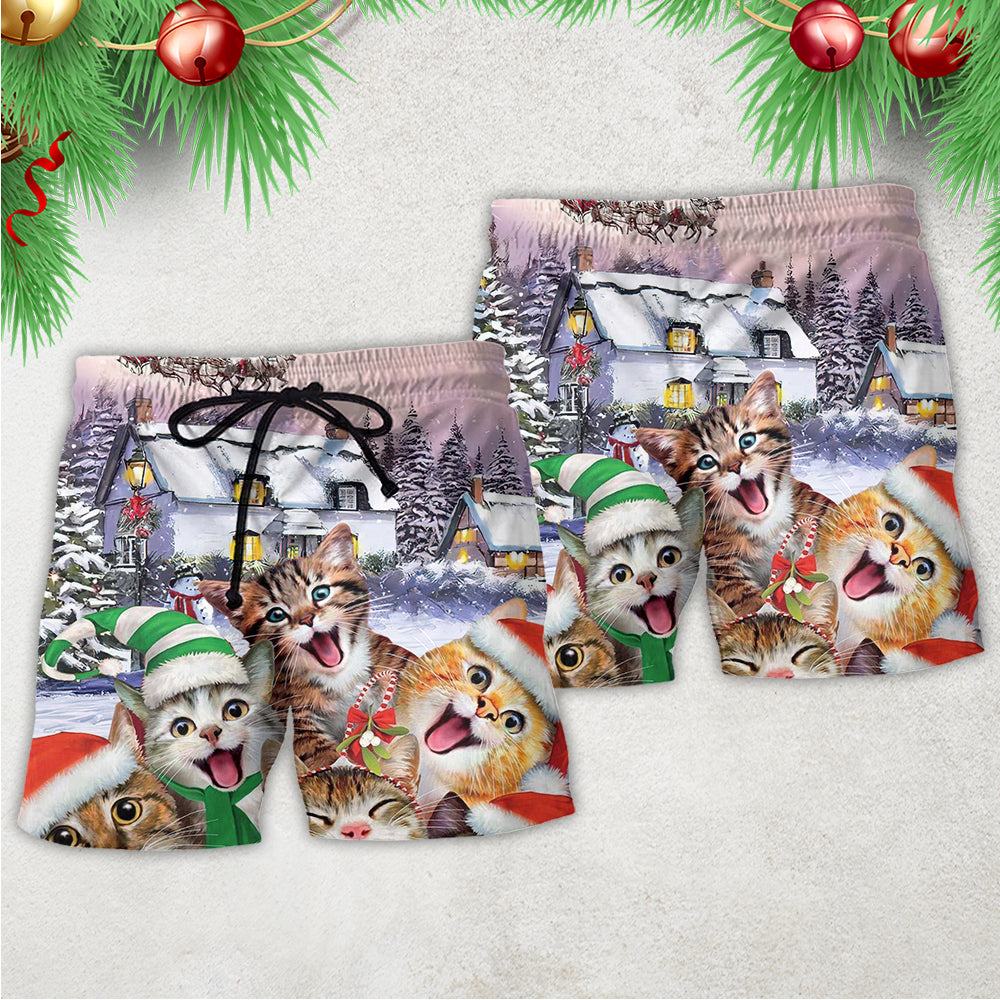 Christmas Cat Love Message Beach Shorts For Summer Vacation And Coastal Travel
