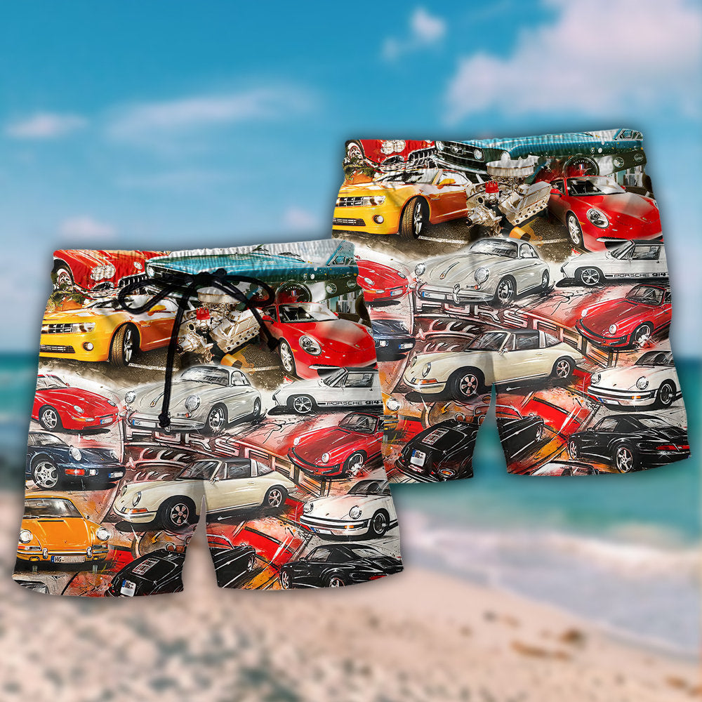 Retro Packed Classic Cars Beach Shorts Artwork Detail For Tropical Travel And Everyday Wear