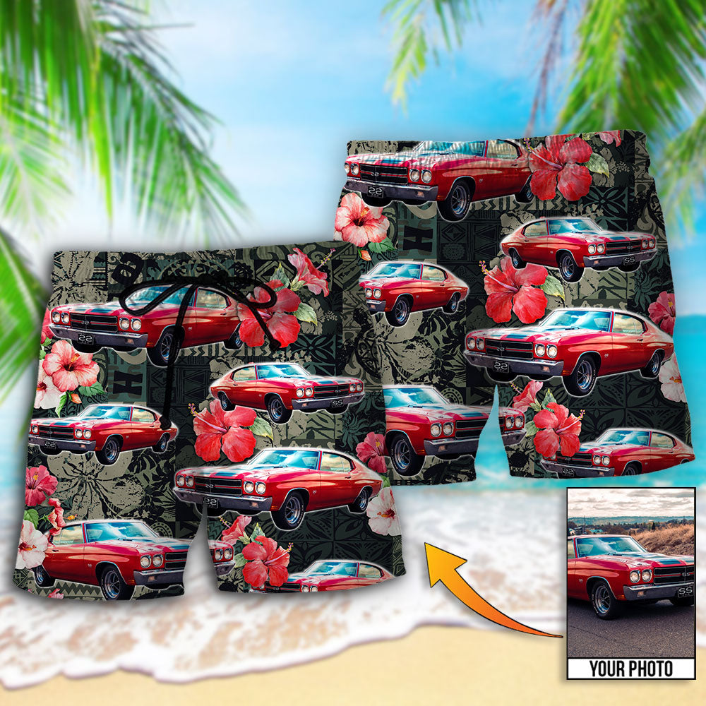 Muscle Car Tropical Leaf Floral Personalized Photo Beach Shorts For Coastal Adventures And Relaxed Summer Wear