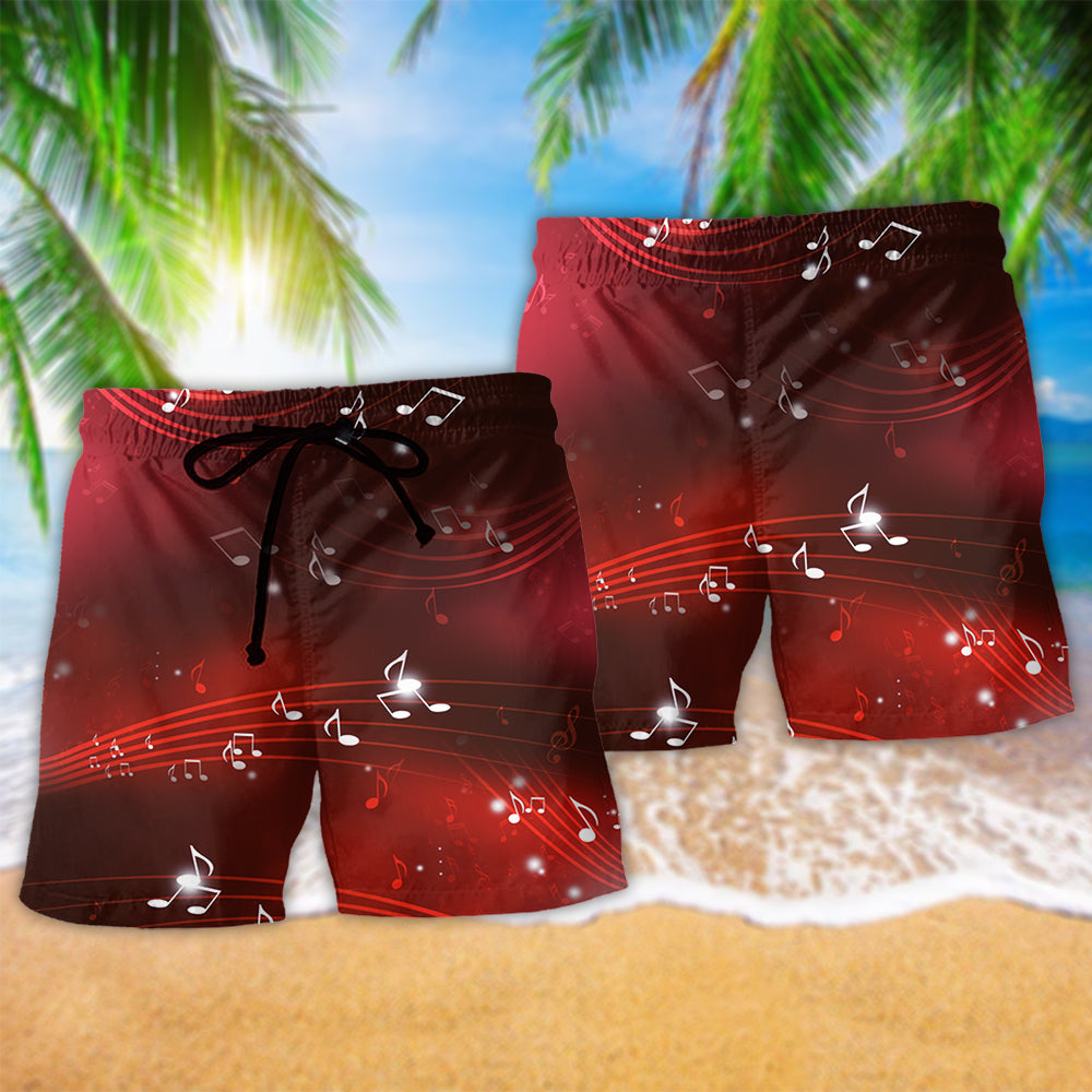 Musical Notes With Red Blurry Lights Beach Shorts Graphic Detail For Resort Trips And Casual Outings