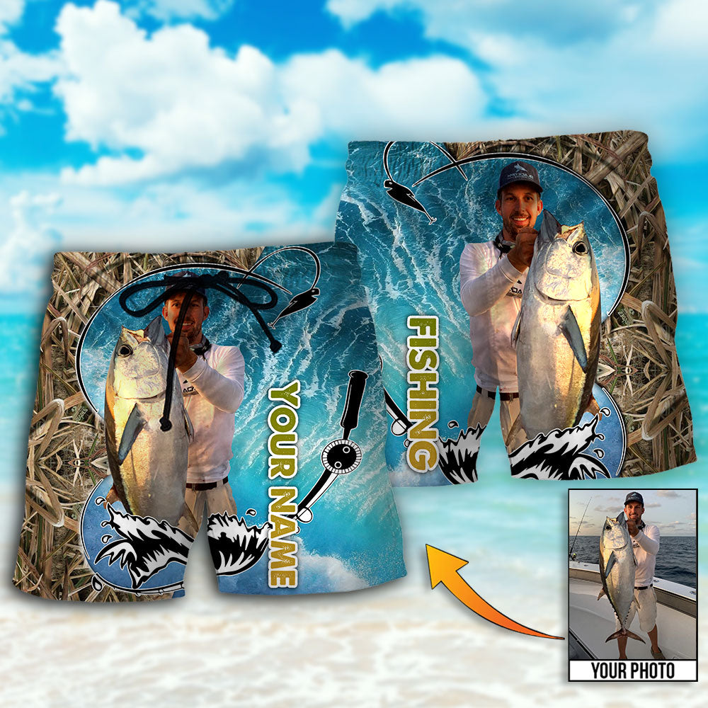 Fishing Blue Water Personalized Photo Beach Shorts For Resort Travel And Thoughtful Summer Gifting