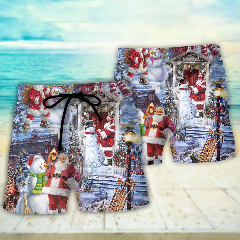 Santa And Snowman Happy Holiday Beach Shorts Print View For Coastal Escapes And Casual Outings