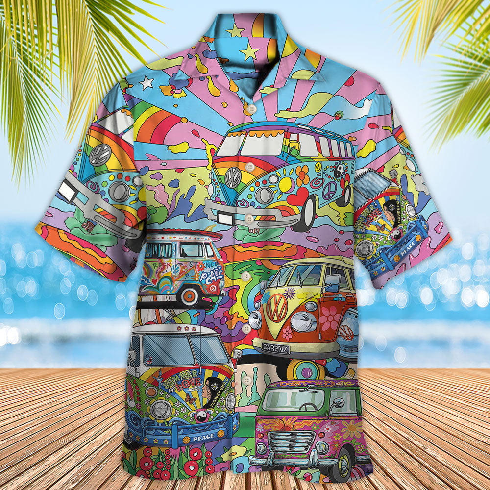 Bohemian Colorful Van Peace Hawaiian Shirt For Summer Vacation And Beach Travel