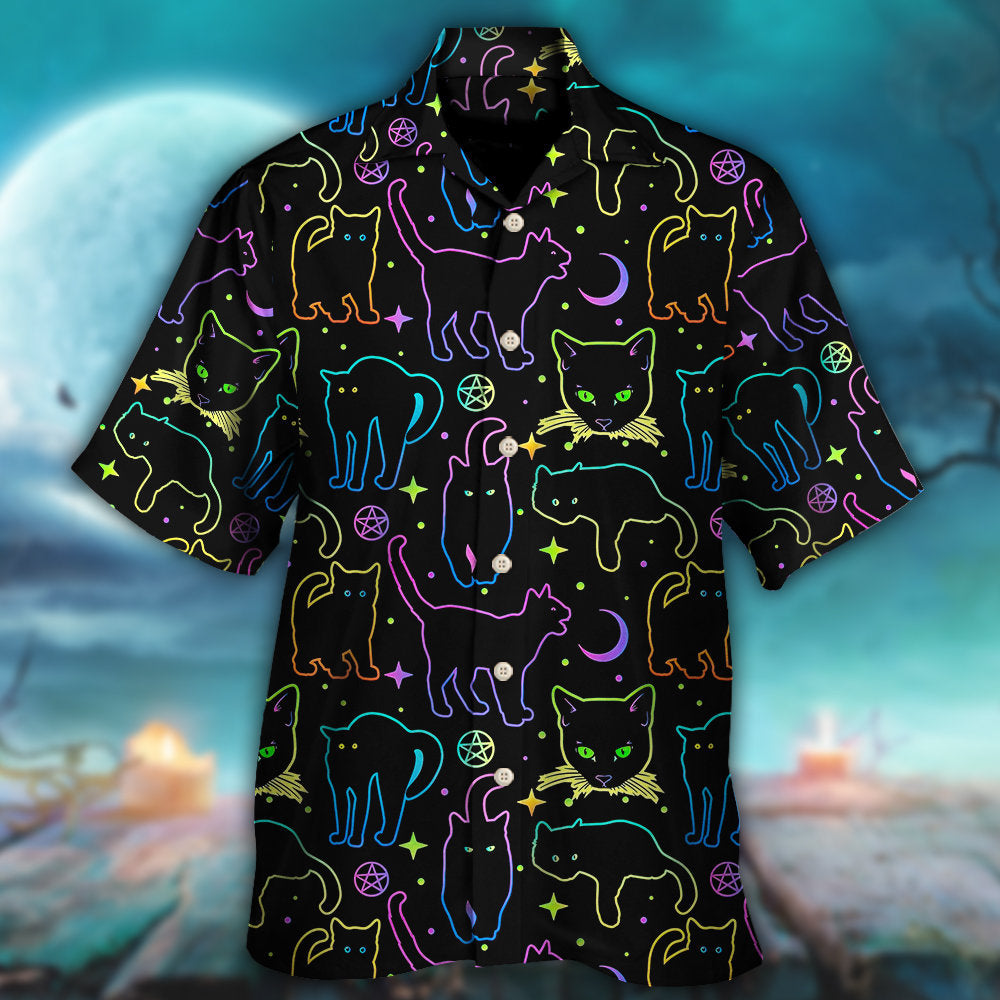 Neon Colorful Magical Cat Playing Kitten Hawaiian Shirt Artwork View For Coastal Escapes And Resort Style
