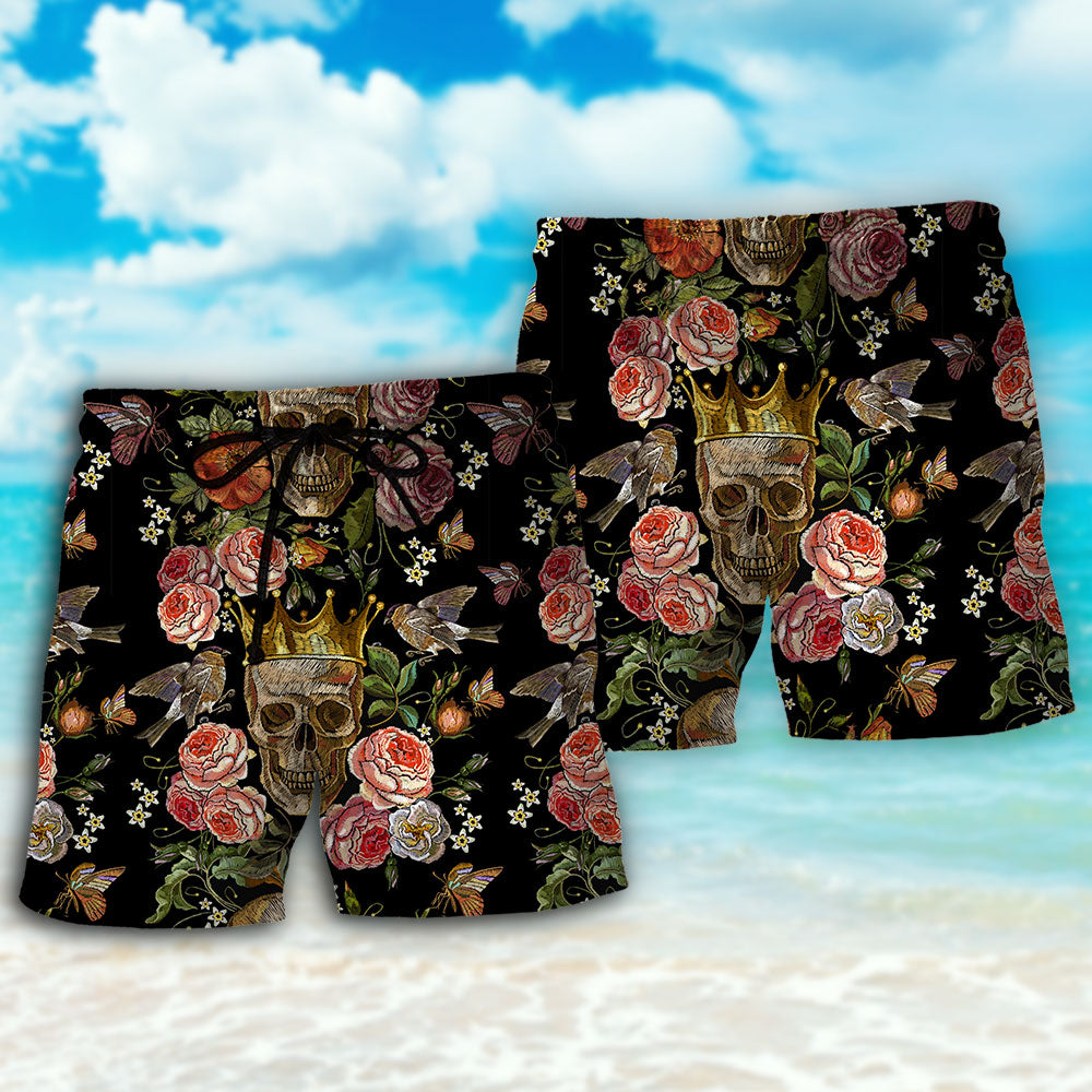 Skull And Flowers Artistic Contrast Beach Shorts For Resort Travel And Thoughtful Summer Gifting