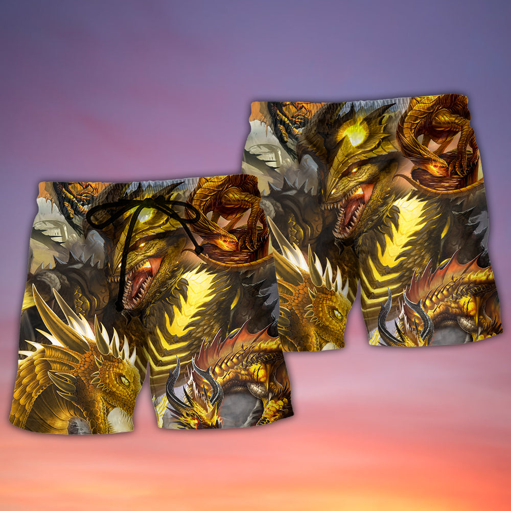Gold Dragon Skull Fantasy Fight Beach Shorts For Beach Trips And Relaxed Vacation Styling