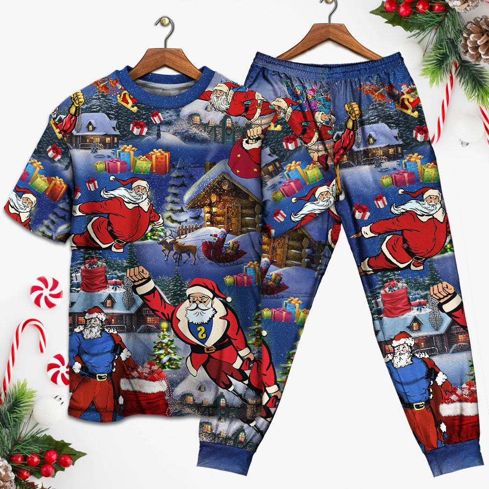 Flying Santa Christmas Short Sleeve Pajamas Set For Christmas Sleepwear And Family Lounging