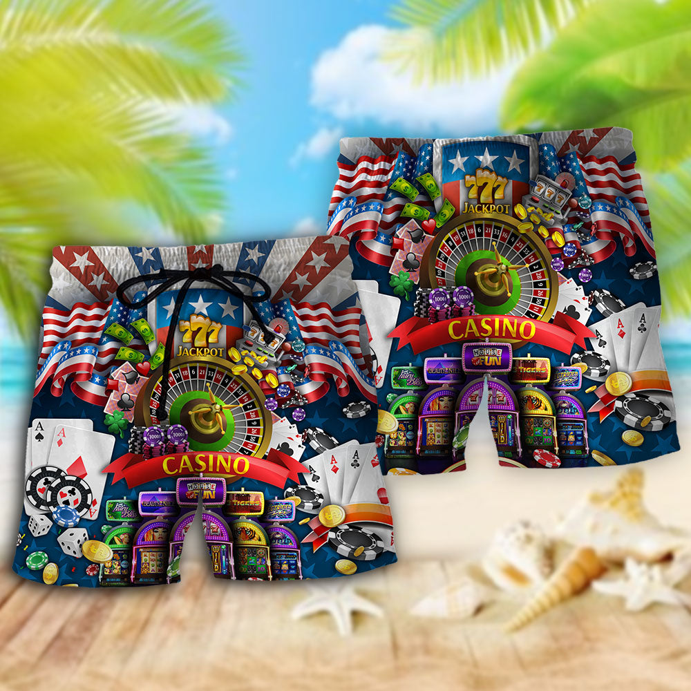 Poker American Flag Beach Shorts Pattern Detail For Everyday Outings And Easygoing Coastal Style
