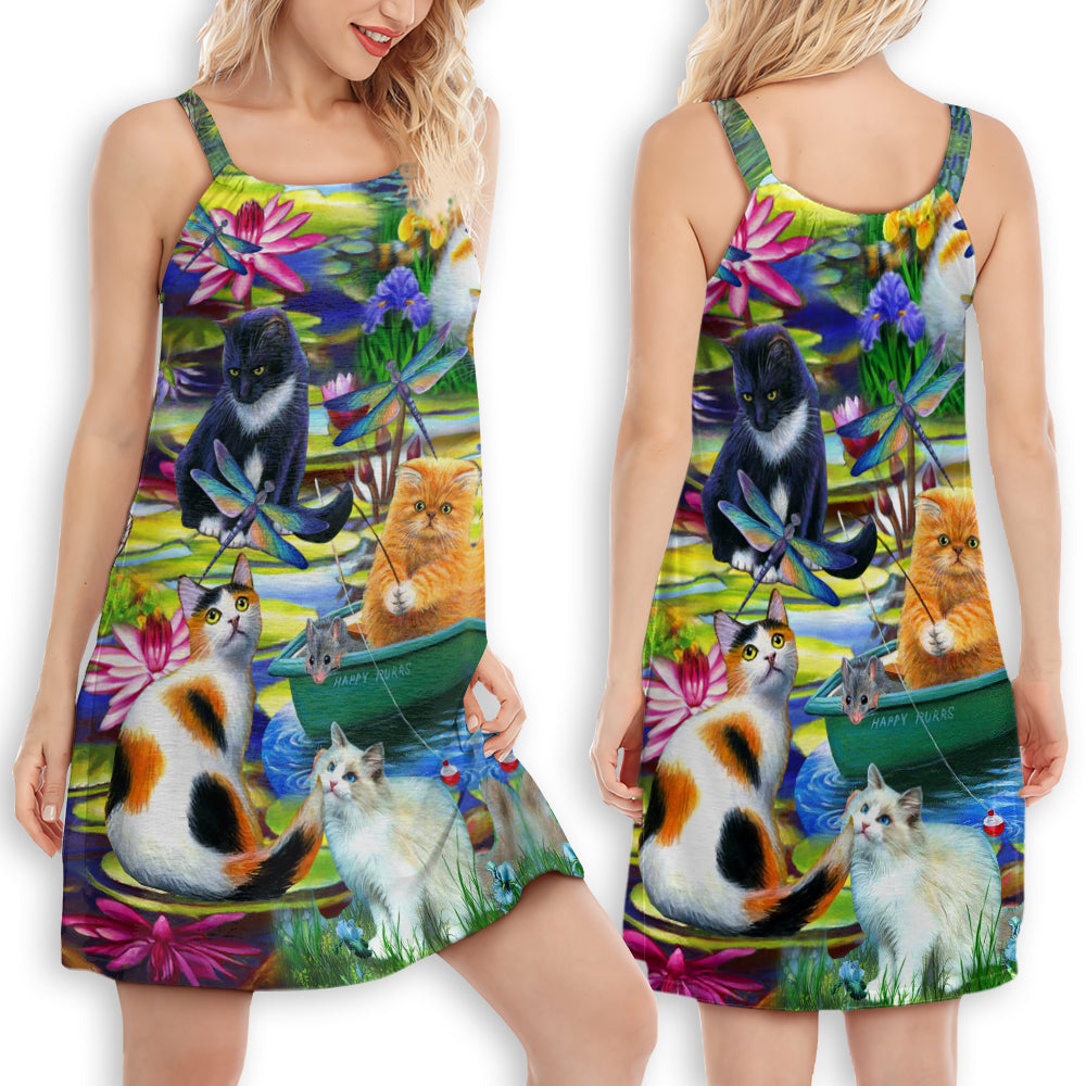 Cat Curious In A Water Lily Lake V-Neck Sleeveless Cami Dress For Travel And Comfortable Summer Styling