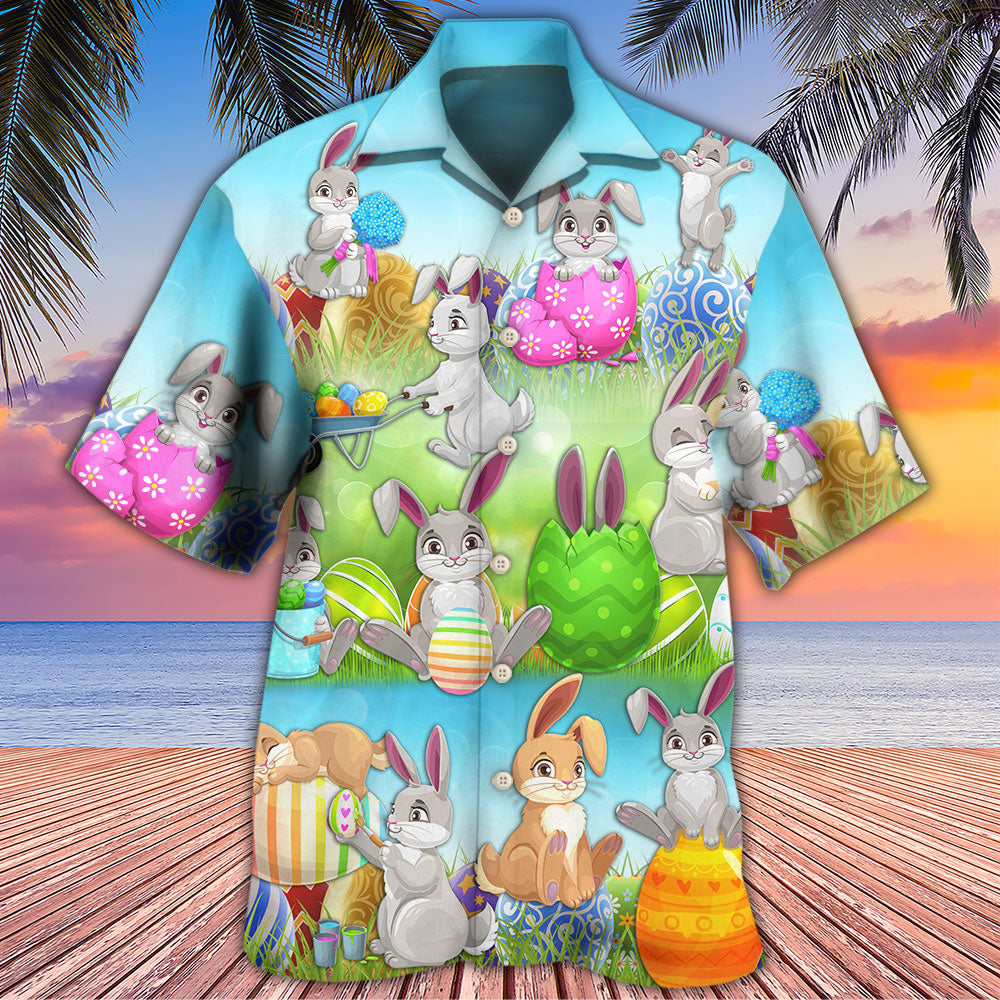 Colorful Easter Bunny Eggs Spring Hawaiian Shirt Pattern View For Relaxed Warm Weather Outfits