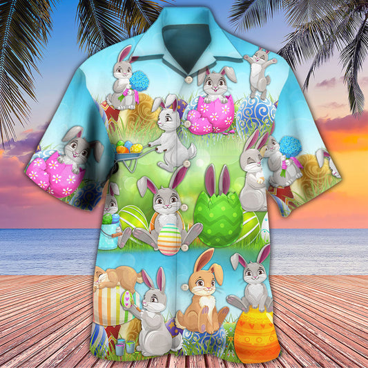 Colorful Easter Bunny Eggs Spring Hawaiian Shirt Pattern View For Relaxed Warm Weather Outfits