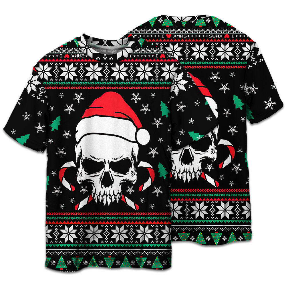 Skull In Santa Hat With Holiday Candy Short Sleeve Pajamas Set For Holiday Travel And Comfortable Home Wear