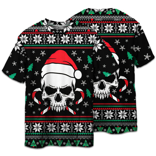 Skull In Santa Hat With Holiday Candy Short Sleeve Pajamas Set For Holiday Travel And Comfortable Home Wear