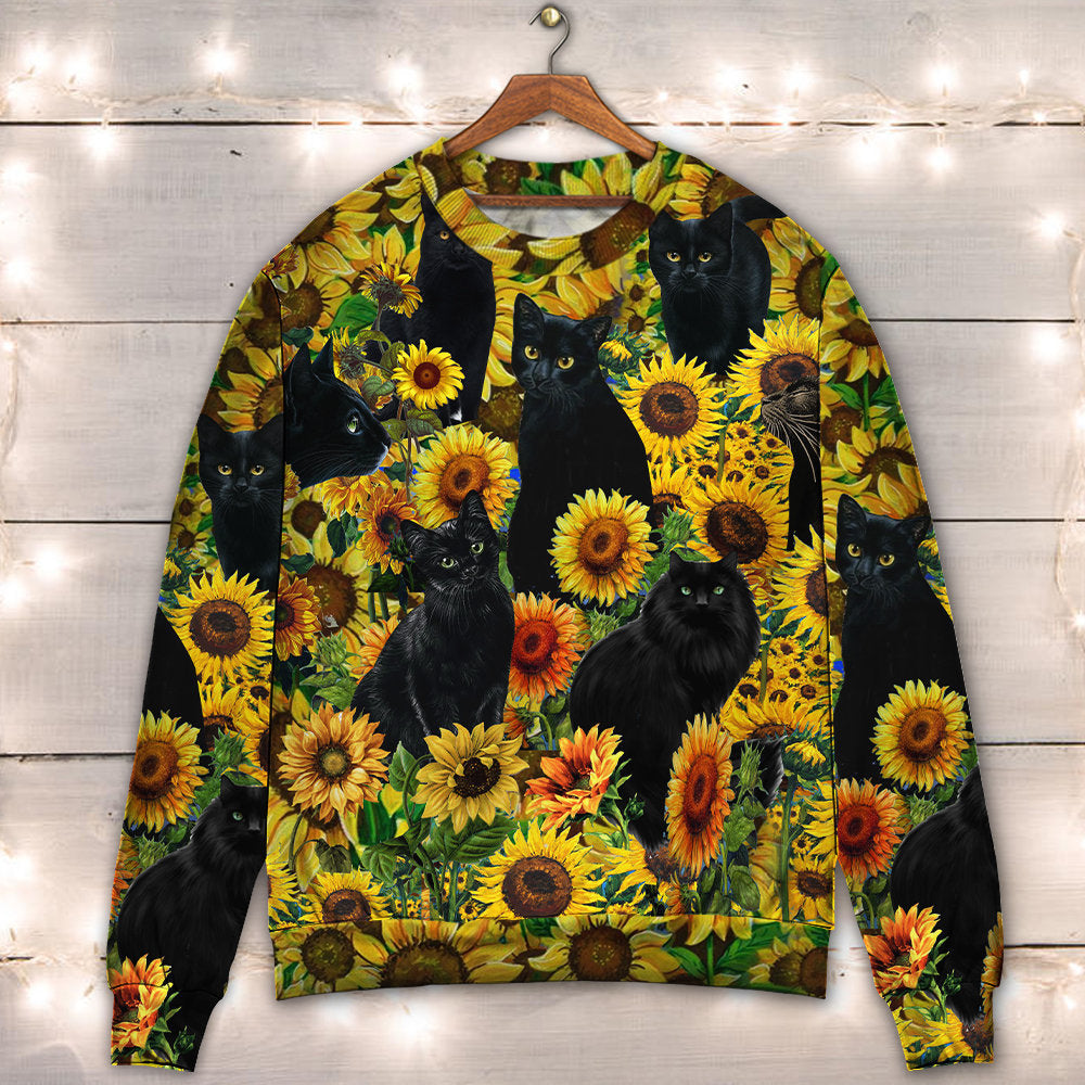 Black Cat Sunflower Sweater For Nature Inspired Fashion Events And Relaxed Everyday Comfort