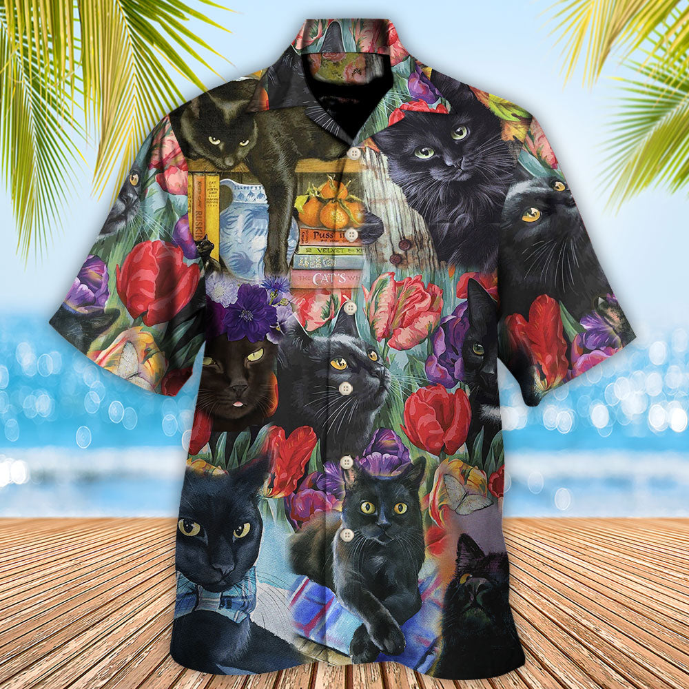 Black Floral Cat Hawaiian Shirt Pattern Detail For Vacation Travel And Daily Wear