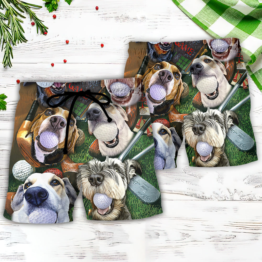 Golf Sports Dog Playing Beach Shorts Pattern View For Weekend Trips And Outdoor Activities