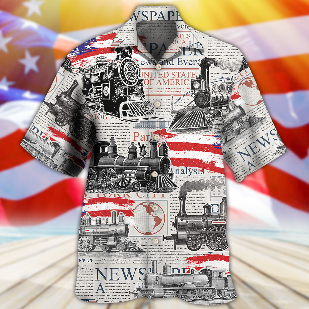 Retro Train Independence Day US Flag Hawaiian Shirt For Vacation Days And Relaxed Coastal Outings