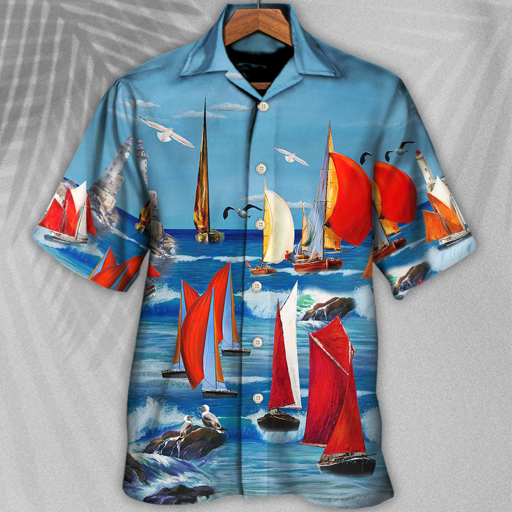 Colorful Blue Yacht Hawaiian Shirt With All Over Print For Tropical Getaways Outdoor Fun And Everyday Wear