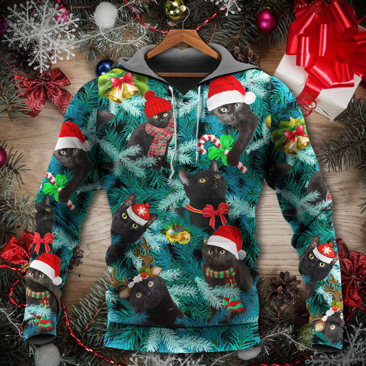 Black Christmas Cat Jolly Mood Hoodie For Festive Days Casual Adventures And Thoughtful Seasonal Gifting