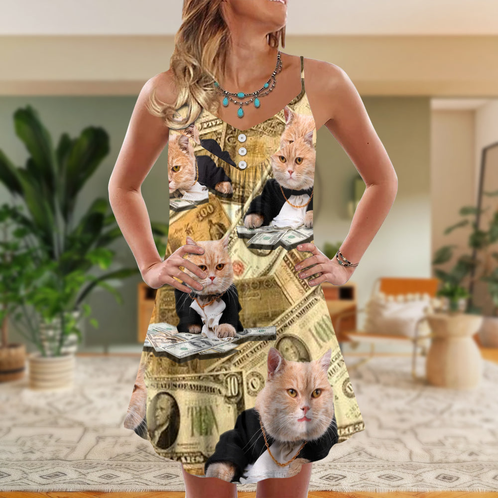Vintage Money Cat Style V-Neck Sleeveless Cami Dress For Summer Vacations Festivals And Casual Everyday Wear