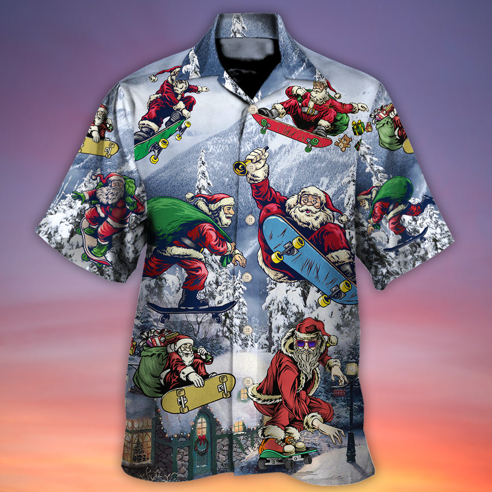 Neon Santa Skateboarding Snowy Mountain Hawaiian Shirt Pattern View For Relaxed Warm Weather Outfits
