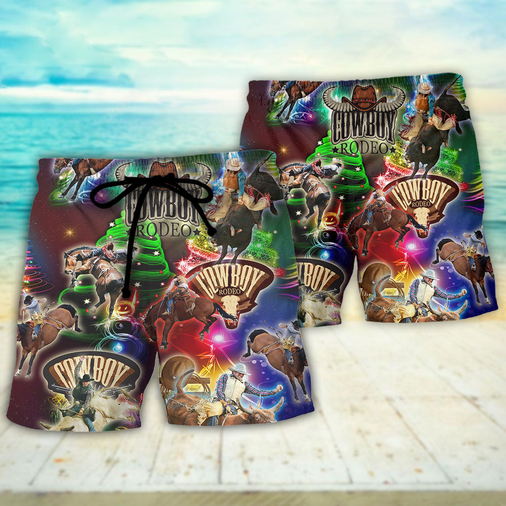 Cowboy Rodeo Neon Merry Christmas Beach Shorts For Festive Outdoor Style