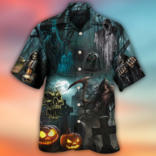 Halloween Dark Ghost Pumpkin Hawaiian Shirt Pattern Detail For Coastal Travel