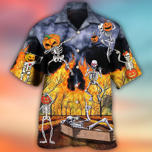 Halloween Skeleton Party Flame Pumpkin Hawaiian Shirt Artwork View For Coastal Escapes And Resort Style